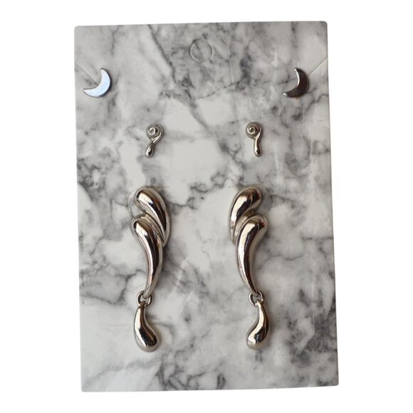 Silver-Tone Abstract Drop Earrings & Moon Stud, Set of 3 - Picture 1 of 3